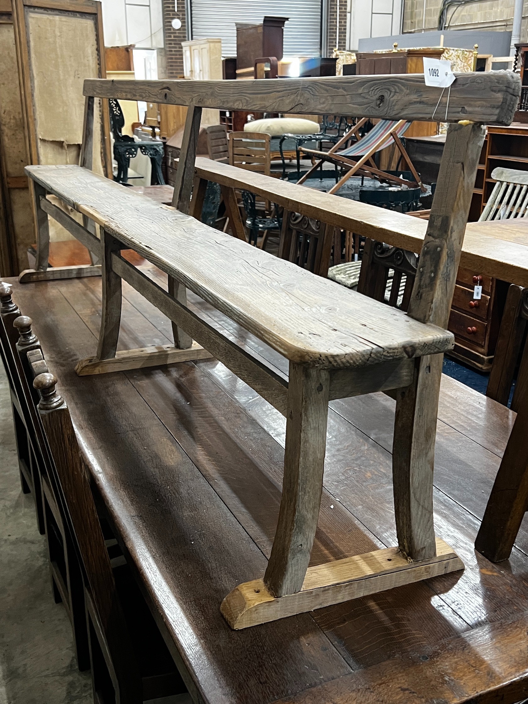 A 19th century and later pine bench, length 240cm depth 40cm height 76cm